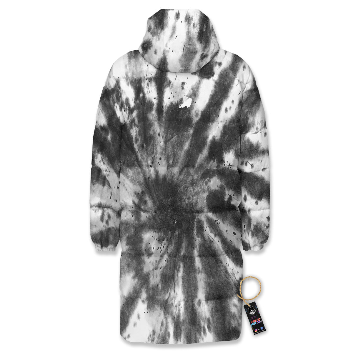 Tie Dye Black White Print Pattern Long Down Jacket-grizzshop