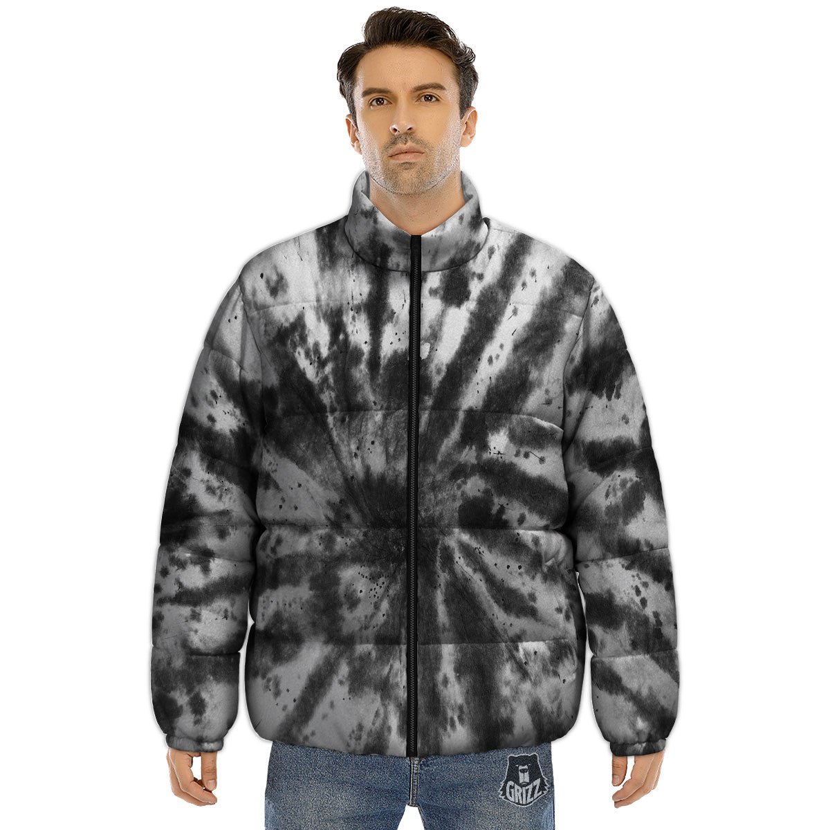 Tie Dye Black White Print Pattern Puffer Jacket-grizzshop