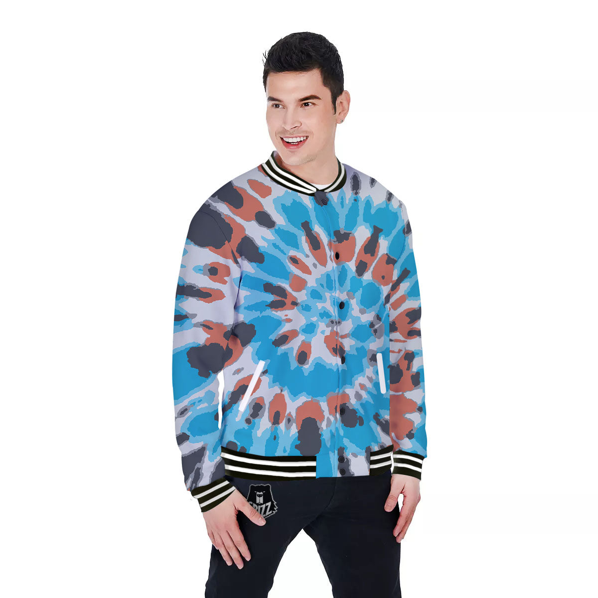 Tie Dye Blue And Orange Print Baseball Jacket-grizzshop