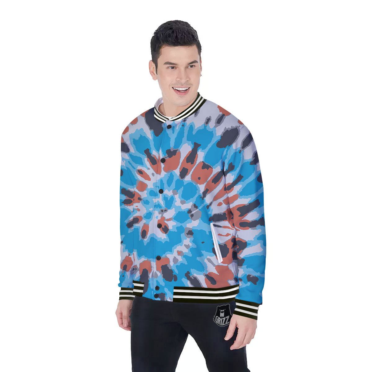 Tie Dye Blue And Orange Print Baseball Jacket-grizzshop