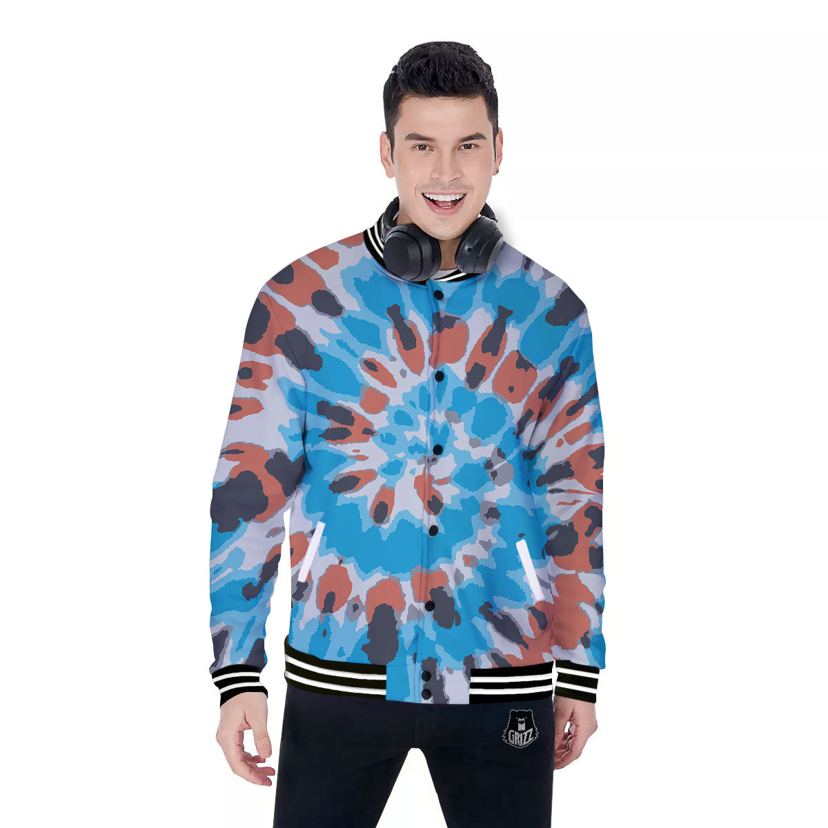 Tie Dye Blue And Orange Print Baseball Jacket-grizzshop