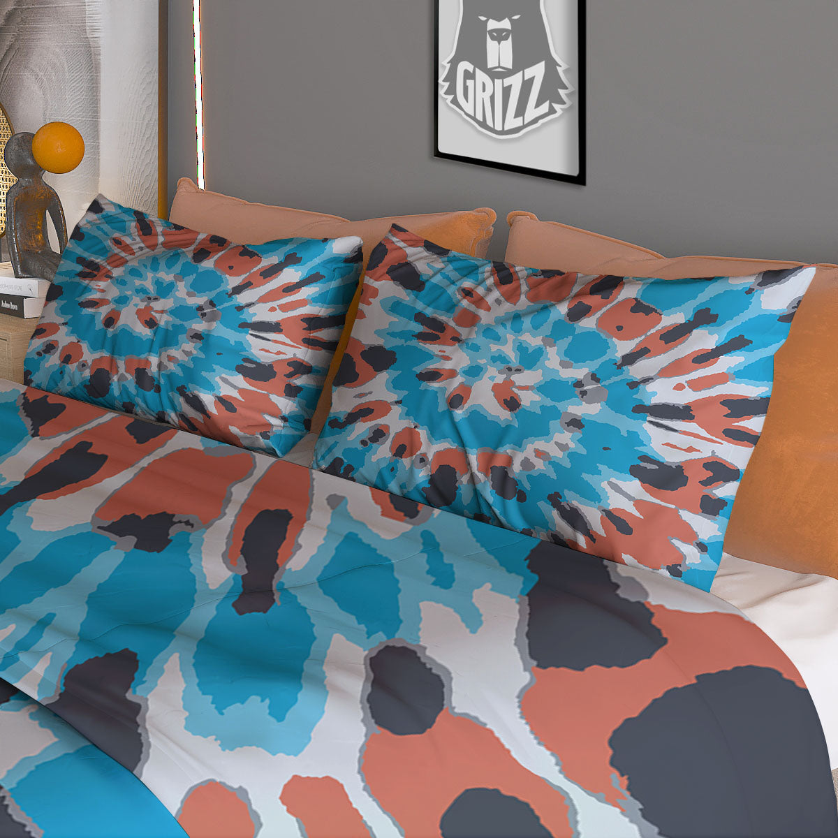 Tie Dye Blue And Orange Print Duvet Cover Bedding Set