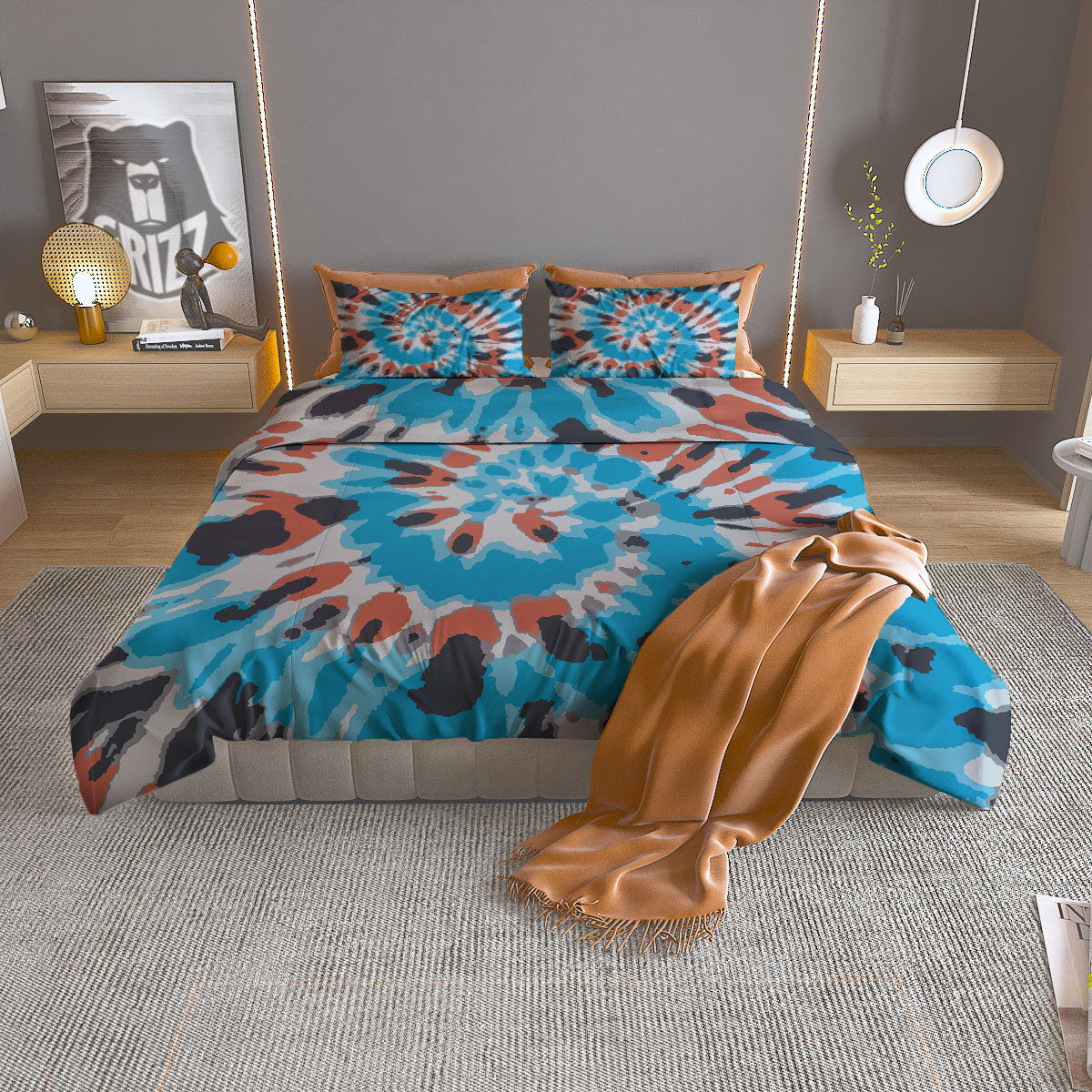 Tie Dye Blue And Orange Print Duvet Cover Bedding Set