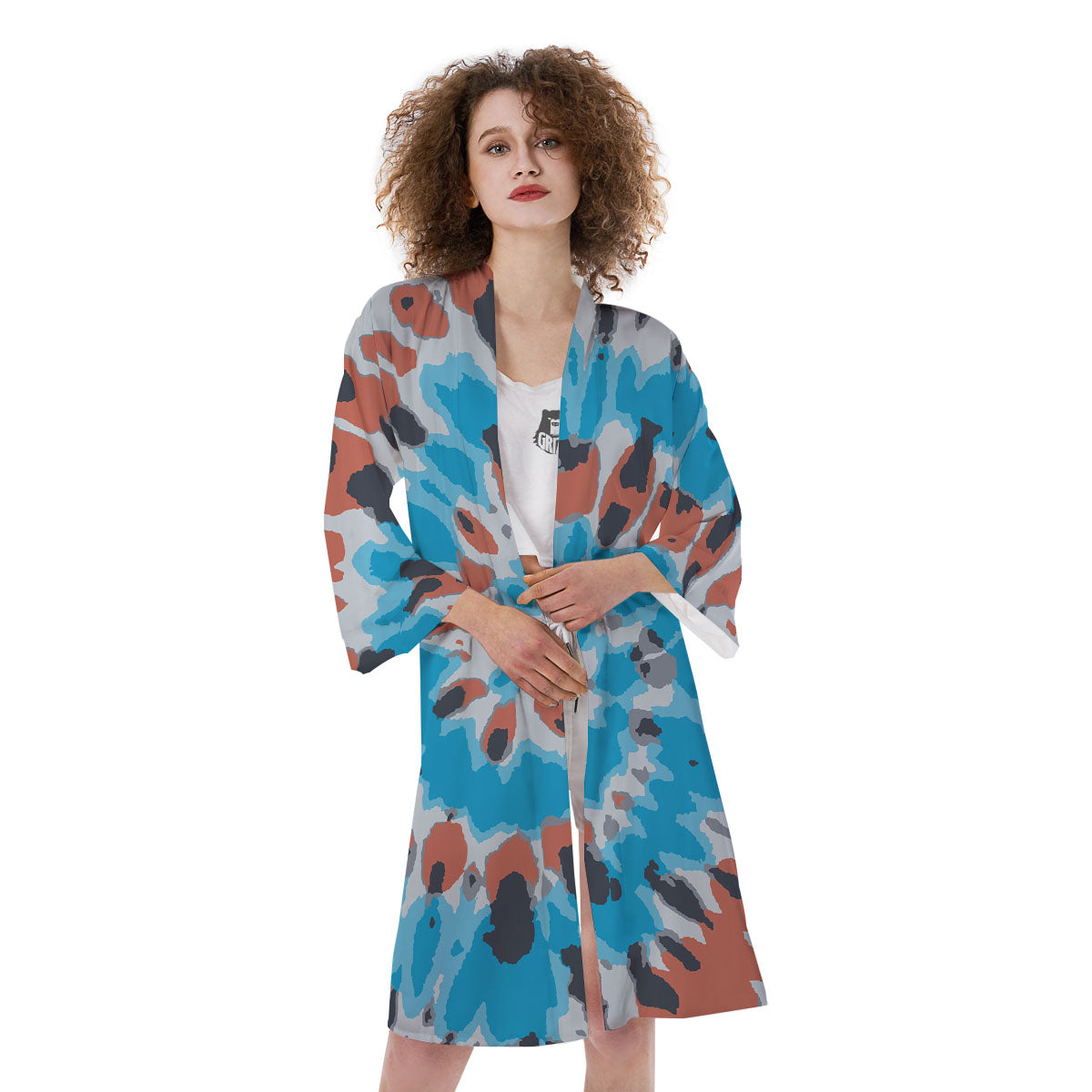 Tie Dye Blue And Orange Print Kimono-grizzshop