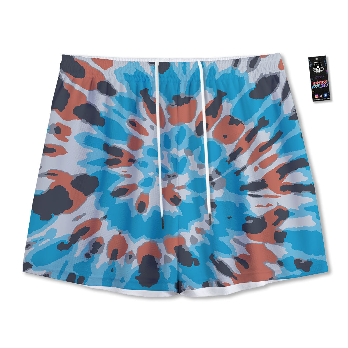 Tie Dye Blue And Orange Print Mesh Shorts