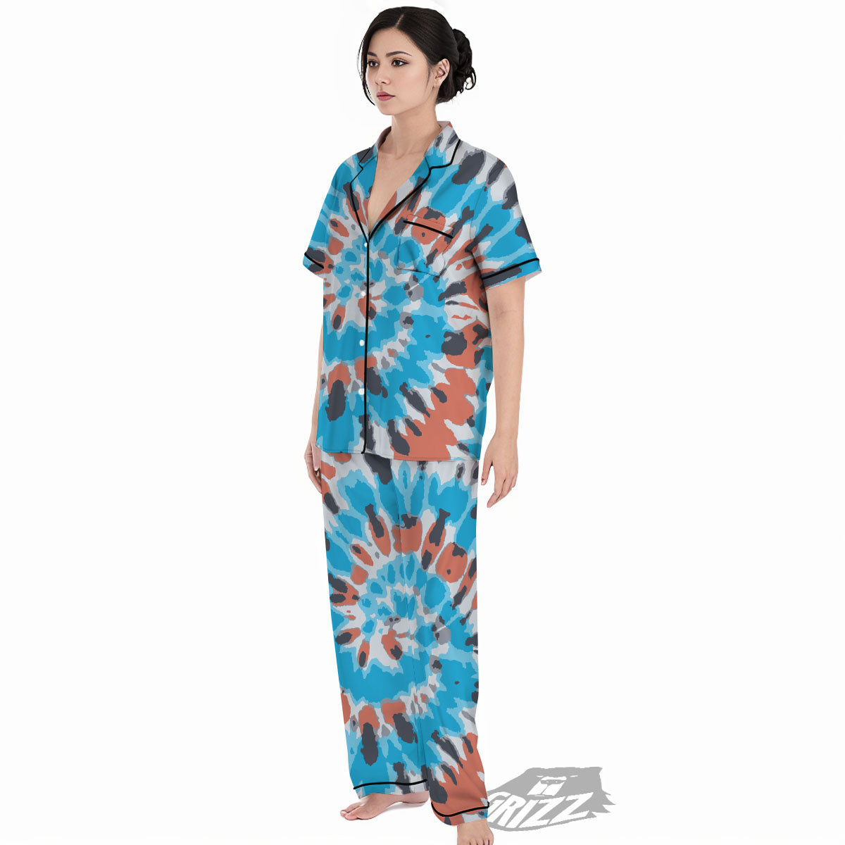 Tie Dye Blue And Orange Print Women's Pajamas Set-grizzshop