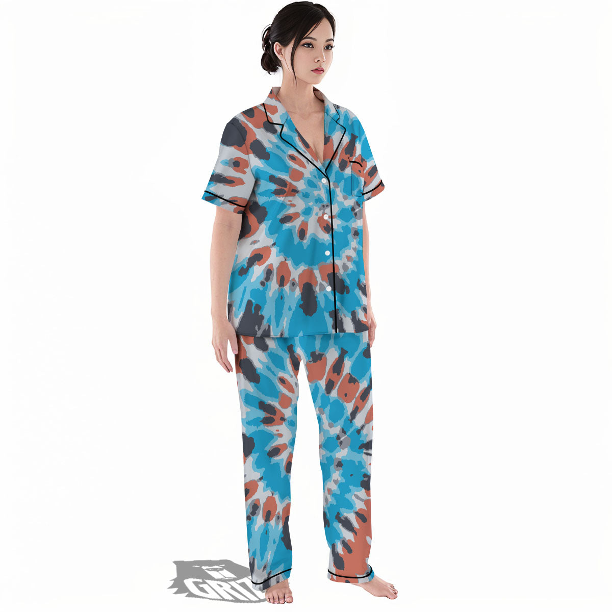 Tie Dye Blue And Orange Print Women's Pajamas Set-grizzshop
