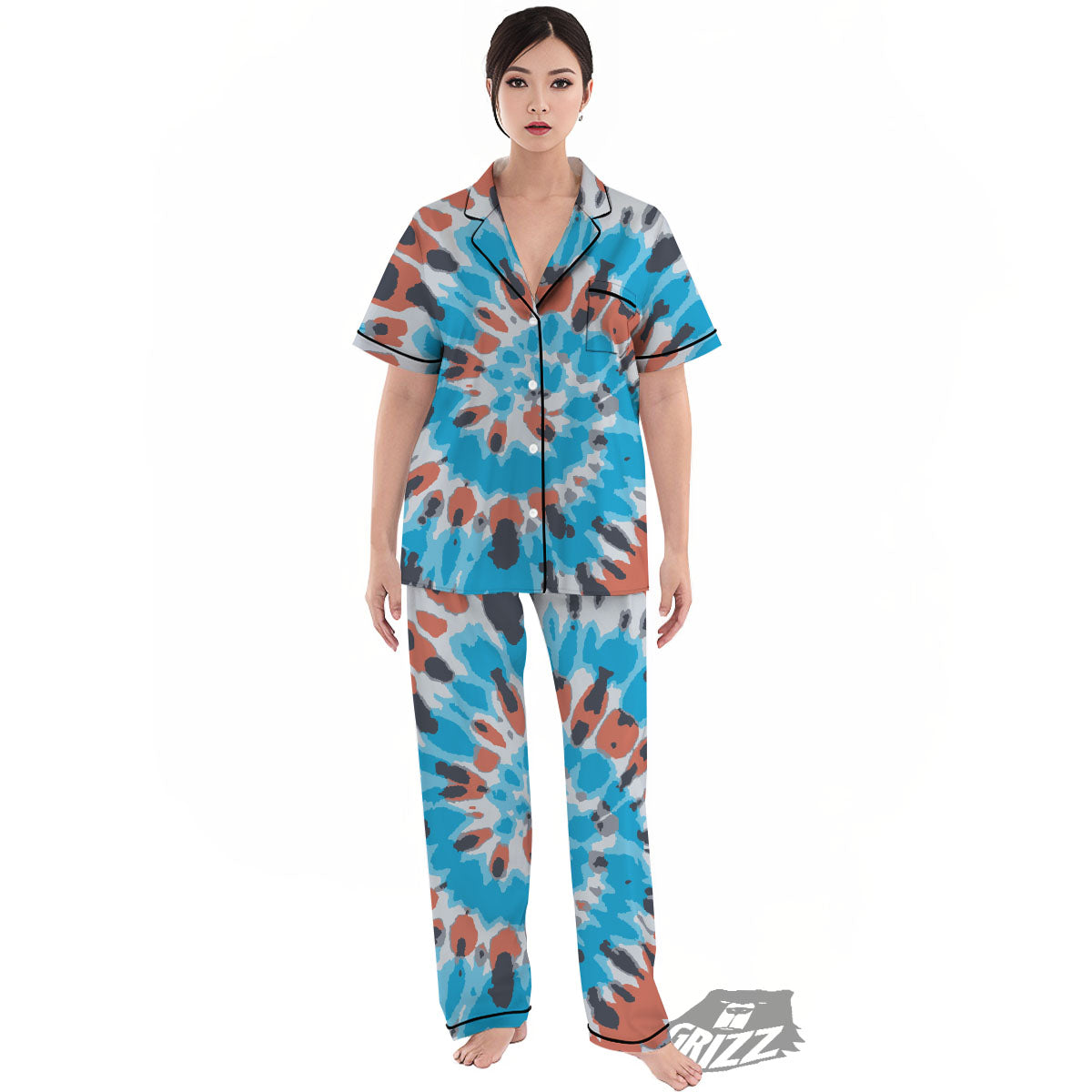Tie Dye Blue And Orange Print Women's Pajamas Set-grizzshop
