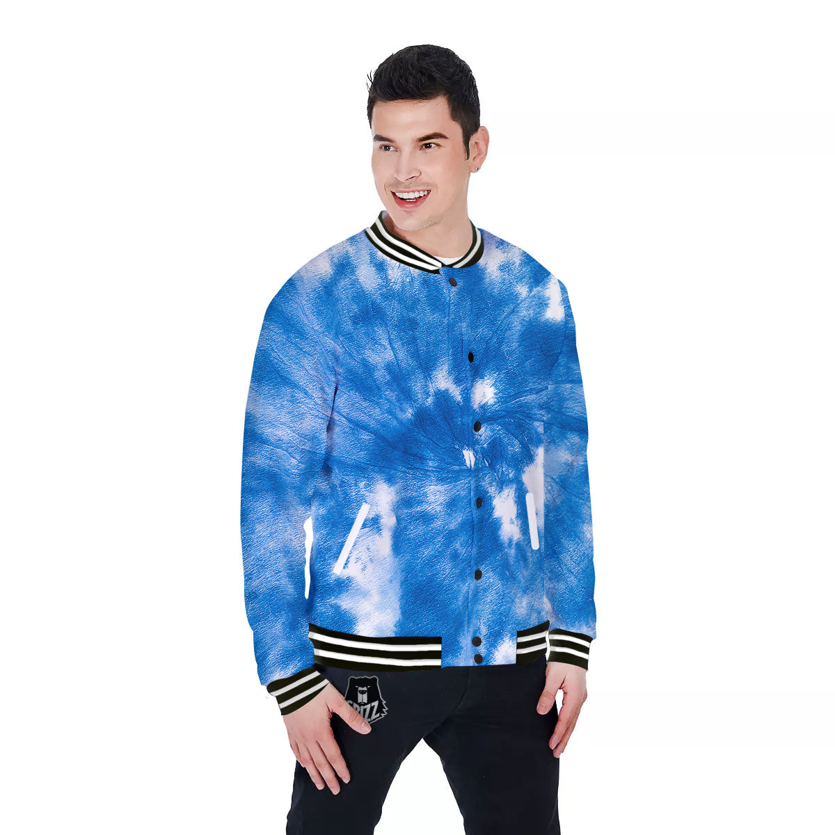 Tie Dye Blue And White Print Baseball Jacket-grizzshop