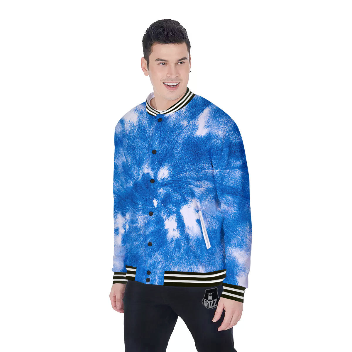 Tie Dye Blue And White Print Baseball Jacket-grizzshop