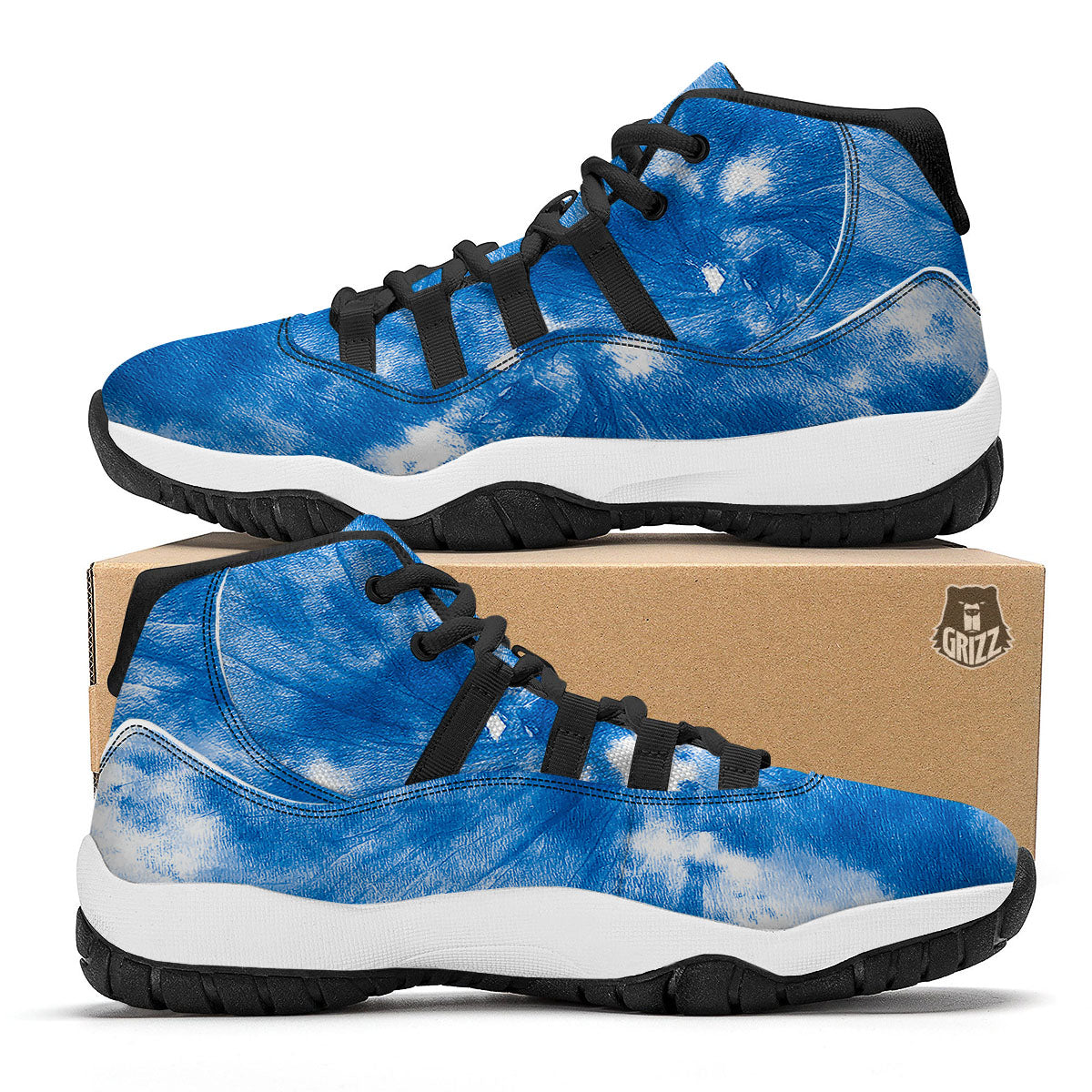 Tie Dye Blue And White Print Black Bball Shoes-grizzshop