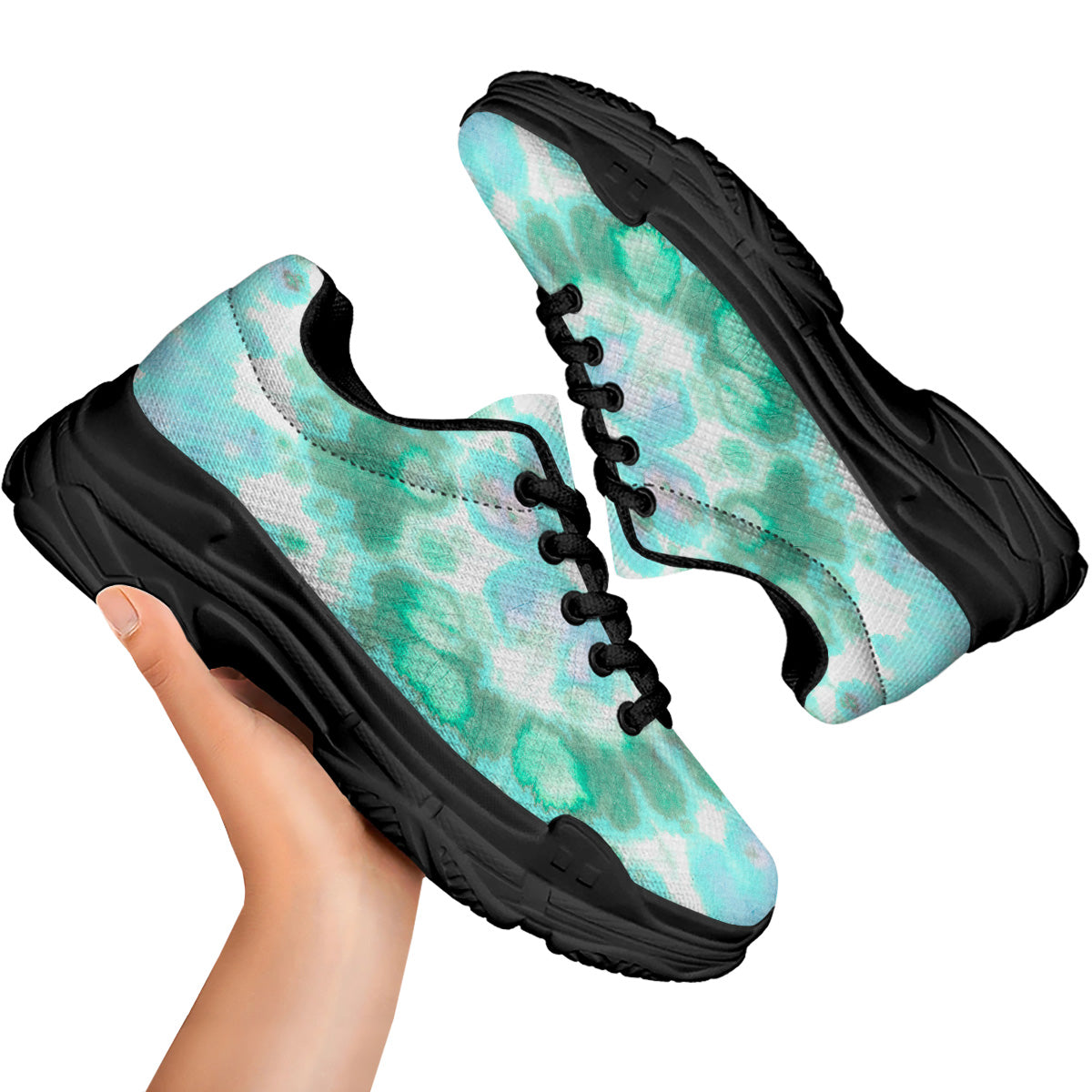 Tie Dye Blue Green And White Print Black Chunky Shoes-grizzshop