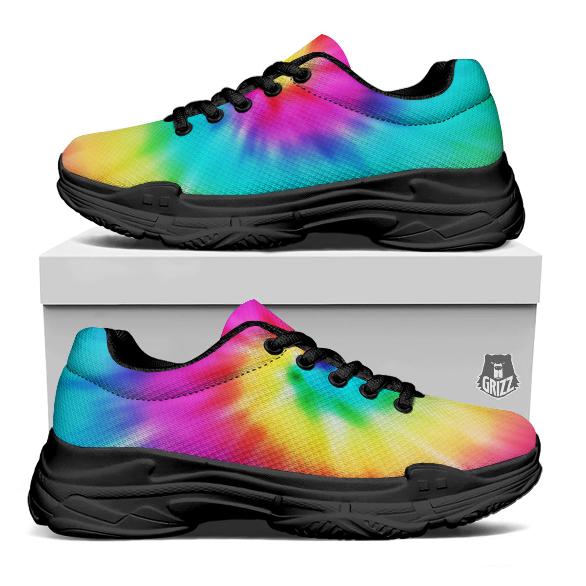 Tie Dye Blue Pink And Yellow Print Black Chunky Shoes-grizzshop