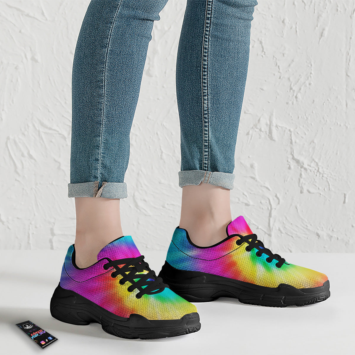 Tie Dye Blue Pink And Yellow Print Black Chunky Shoes-grizzshop