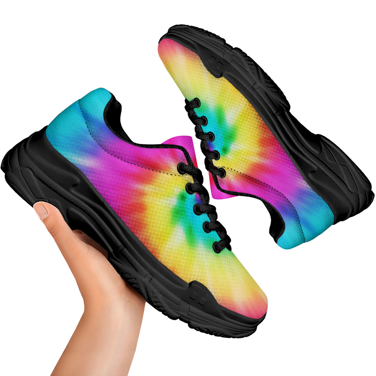 Tie Dye Blue Pink And Yellow Print Black Chunky Shoes-grizzshop