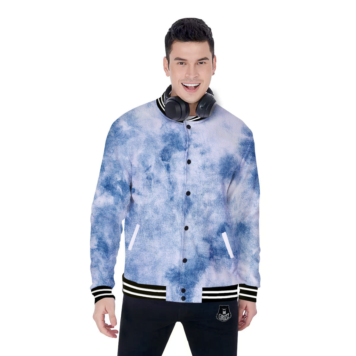 Tie Dye Blue Print Baseball Jacket-grizzshop