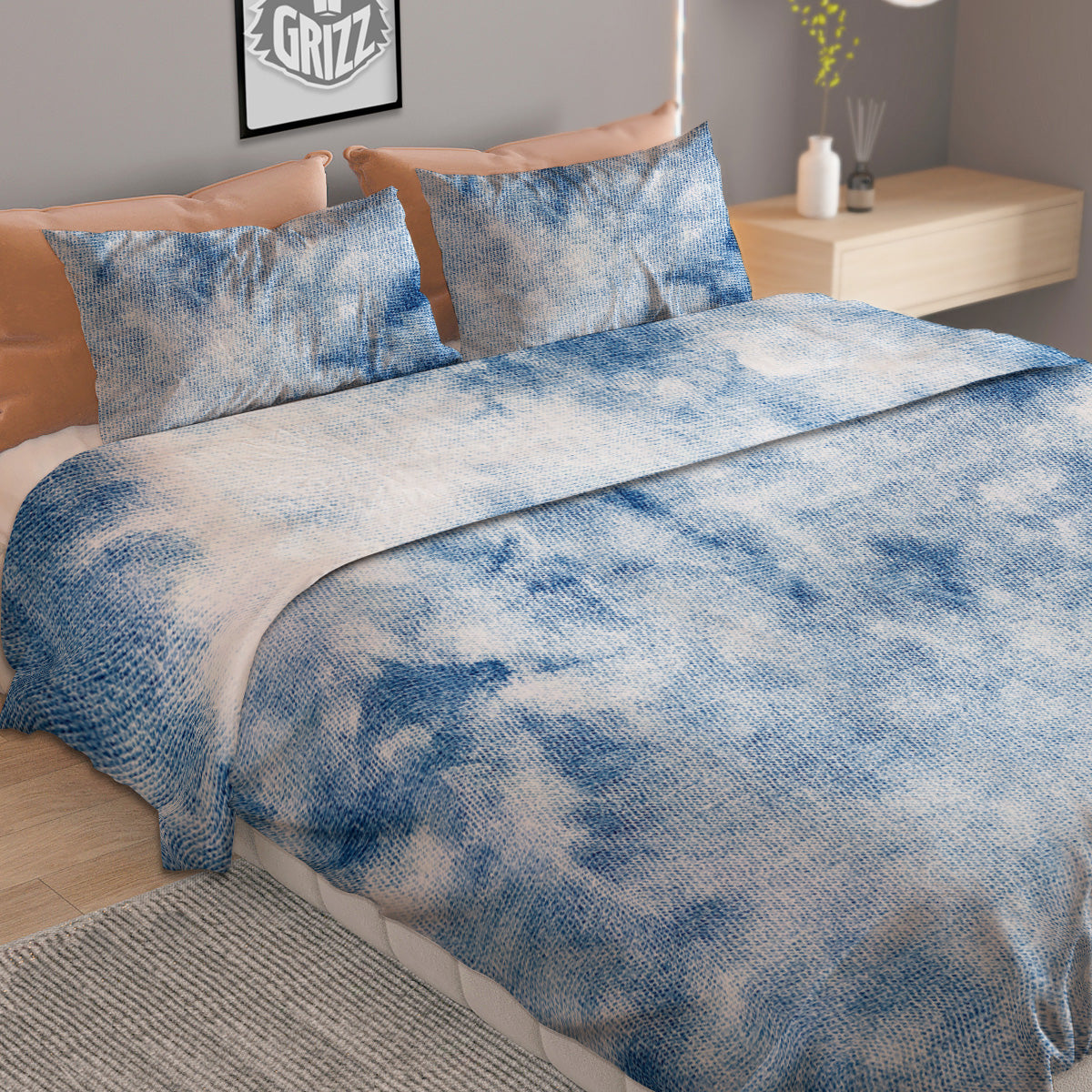 Tattersall Deep Blue Print Pattern Duvet Cover Bedding Set
