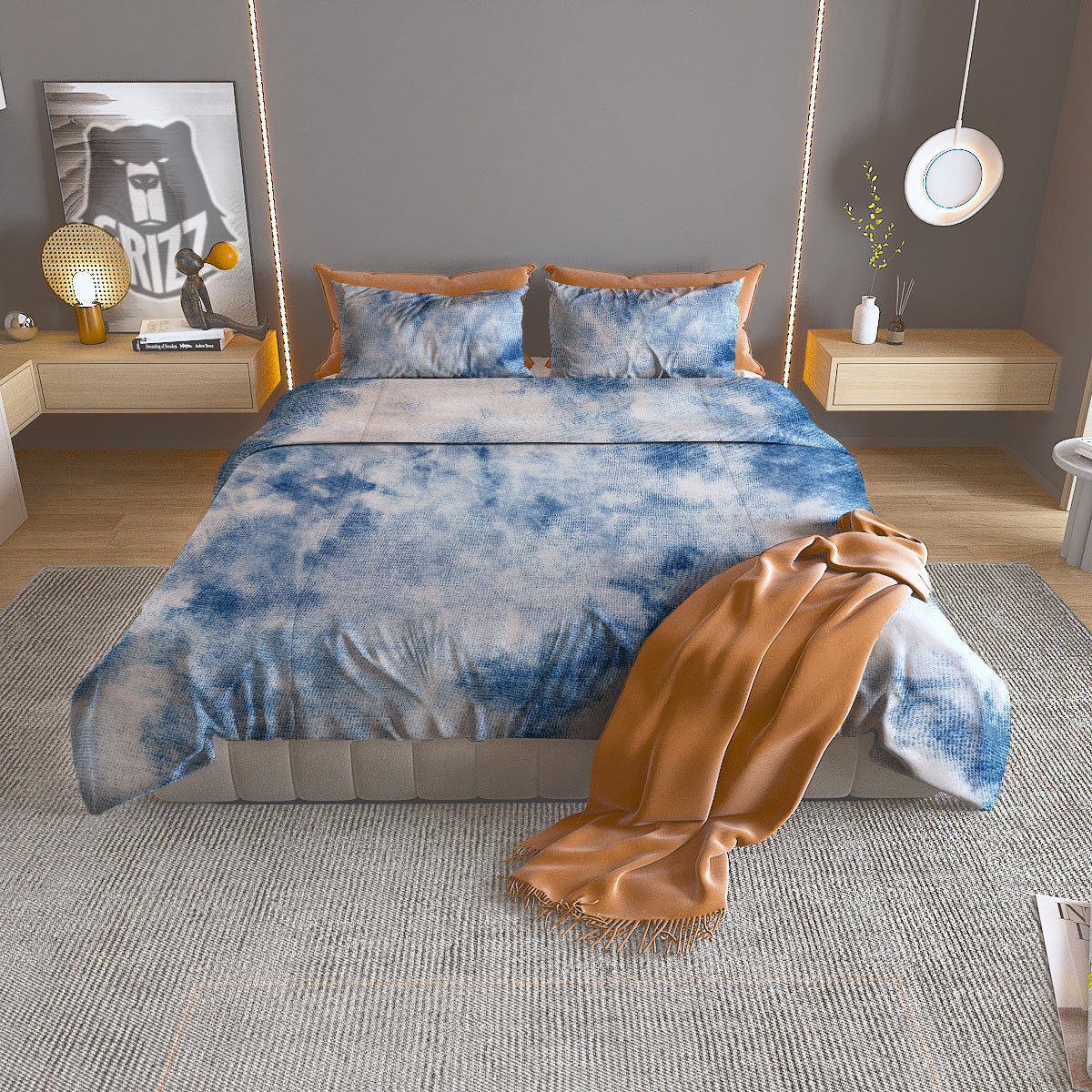Tattersall Deep Blue Print Pattern Duvet Cover Bedding Set