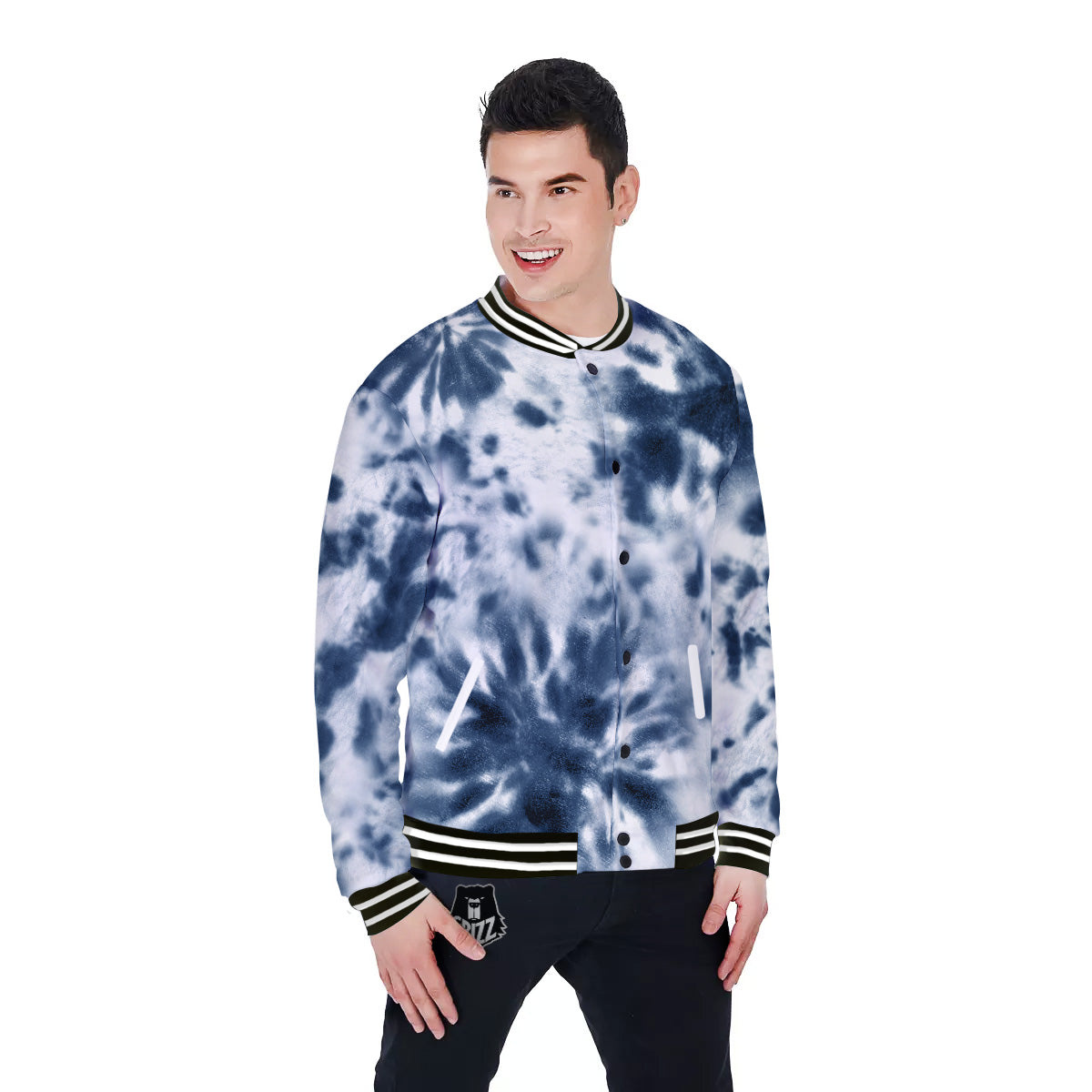 Tie Dye Blue Shibori Print Baseball Jacket-grizzshop