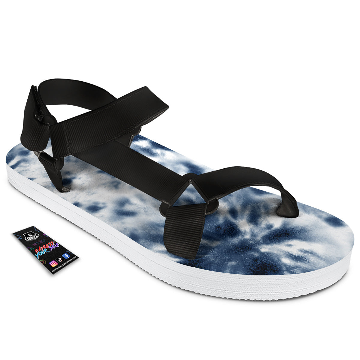 Tie Dye Blue Shibori Print Black Open Toe Sandals-grizzshop