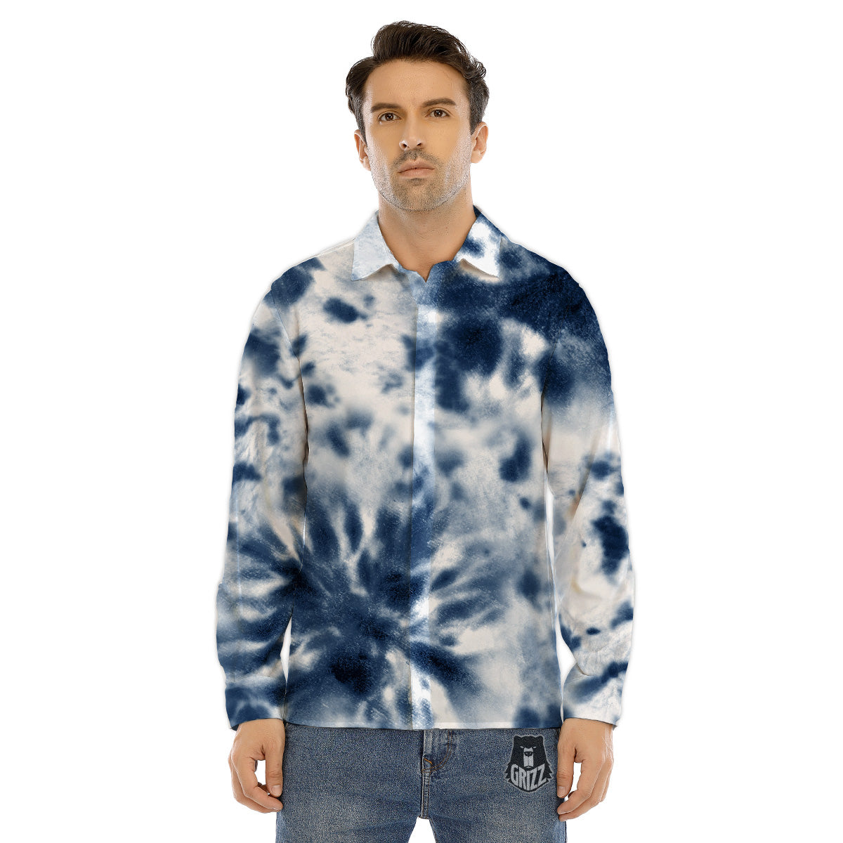 Tie Dye Blue Shibori Print Men's Dress Shirts-grizzshop