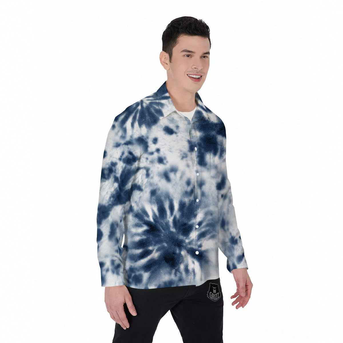 Tie Dye Blue Shibori Print Men's Long Sleeve Shirts-grizzshop