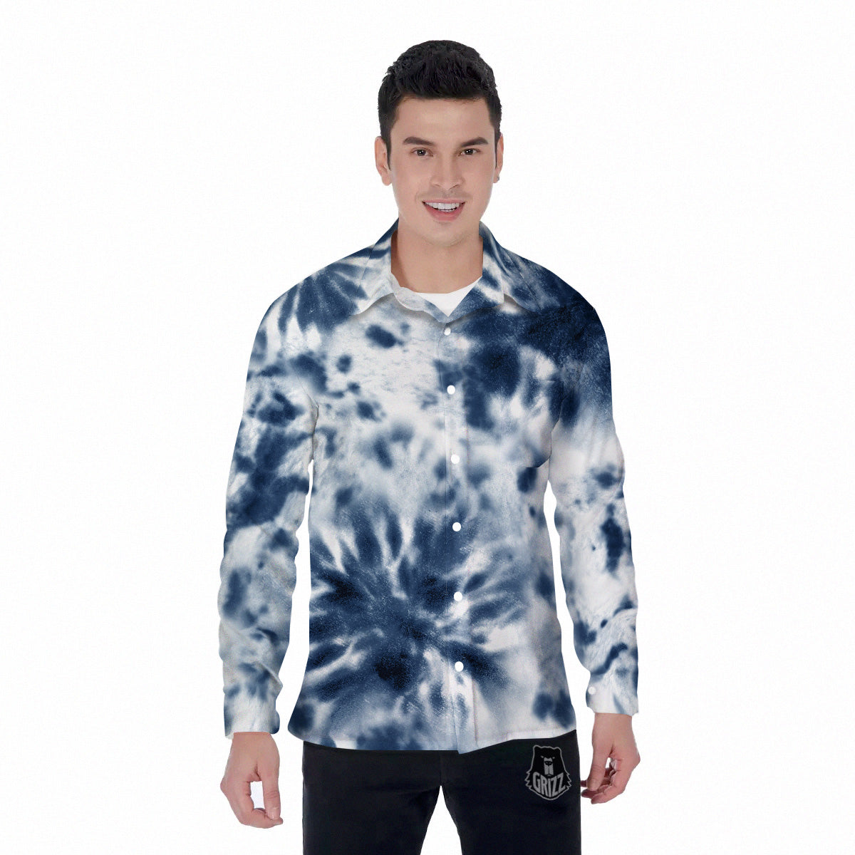 Tie Dye Blue Shibori Print Men's Long Sleeve Shirts-grizzshop