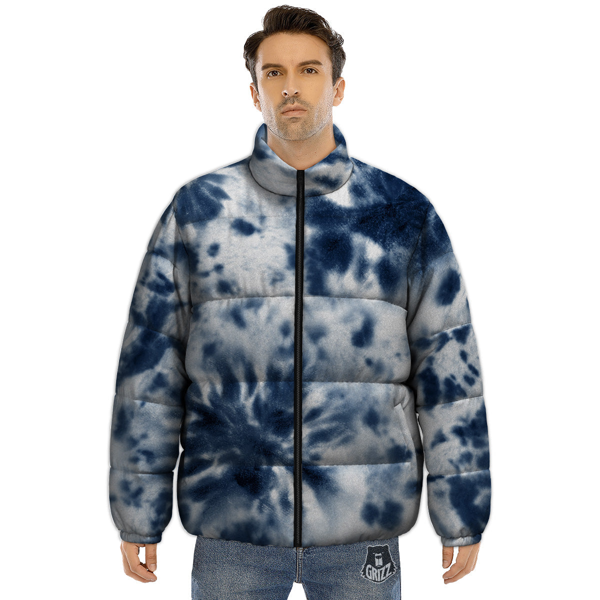 Tie Dye Blue Shibori Print Puffer Jacket-grizzshop