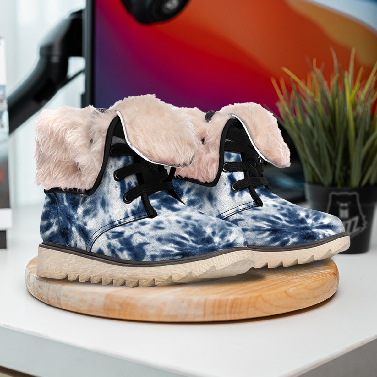 Tie Dye Blue Shibori Print Snow Boots-grizzshop