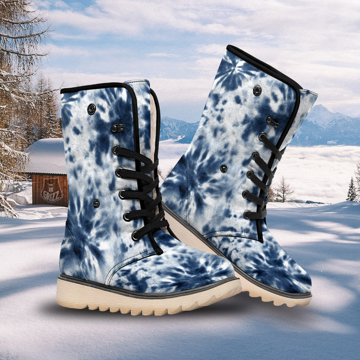 Tie Dye Blue Shibori Print Snow Boots-grizzshop