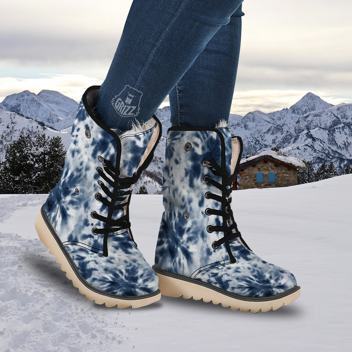 Tie Dye Blue Shibori Print Snow Boots-grizzshop