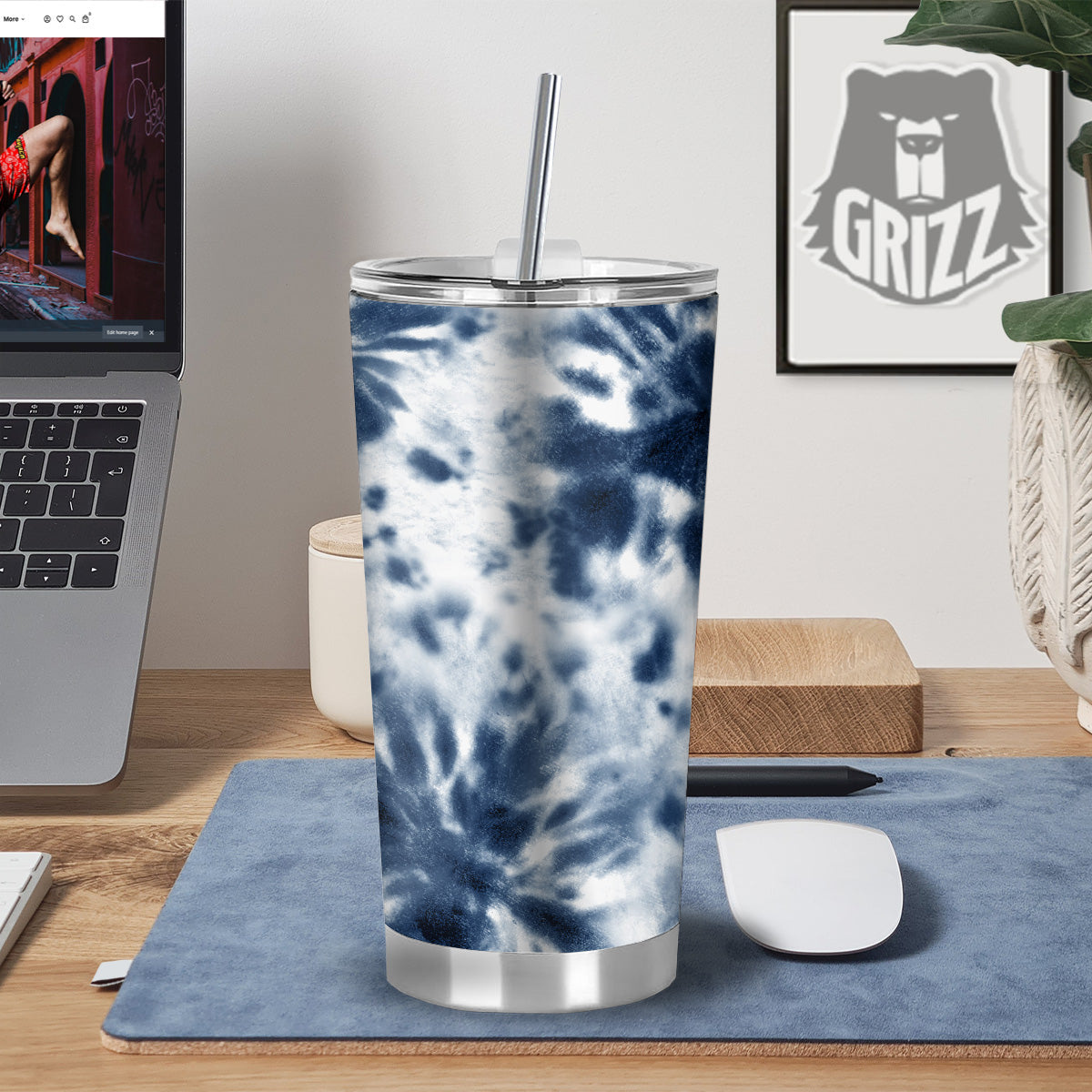 Tie Dye Blue Shibori Print Tumbler-grizzshop
