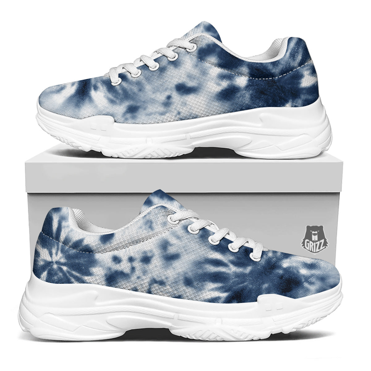 Tie Dye Blue Shibori Print White Chunky Shoes-grizzshop