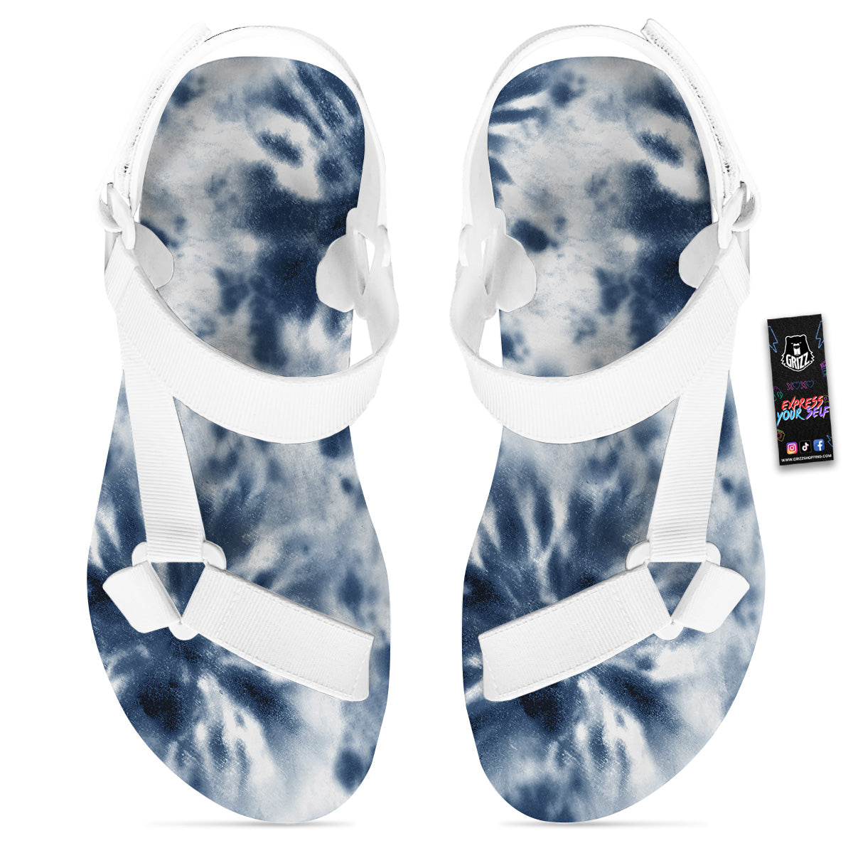 Tie Dye Blue Shibori Print White Open Toe Sandals-grizzshop