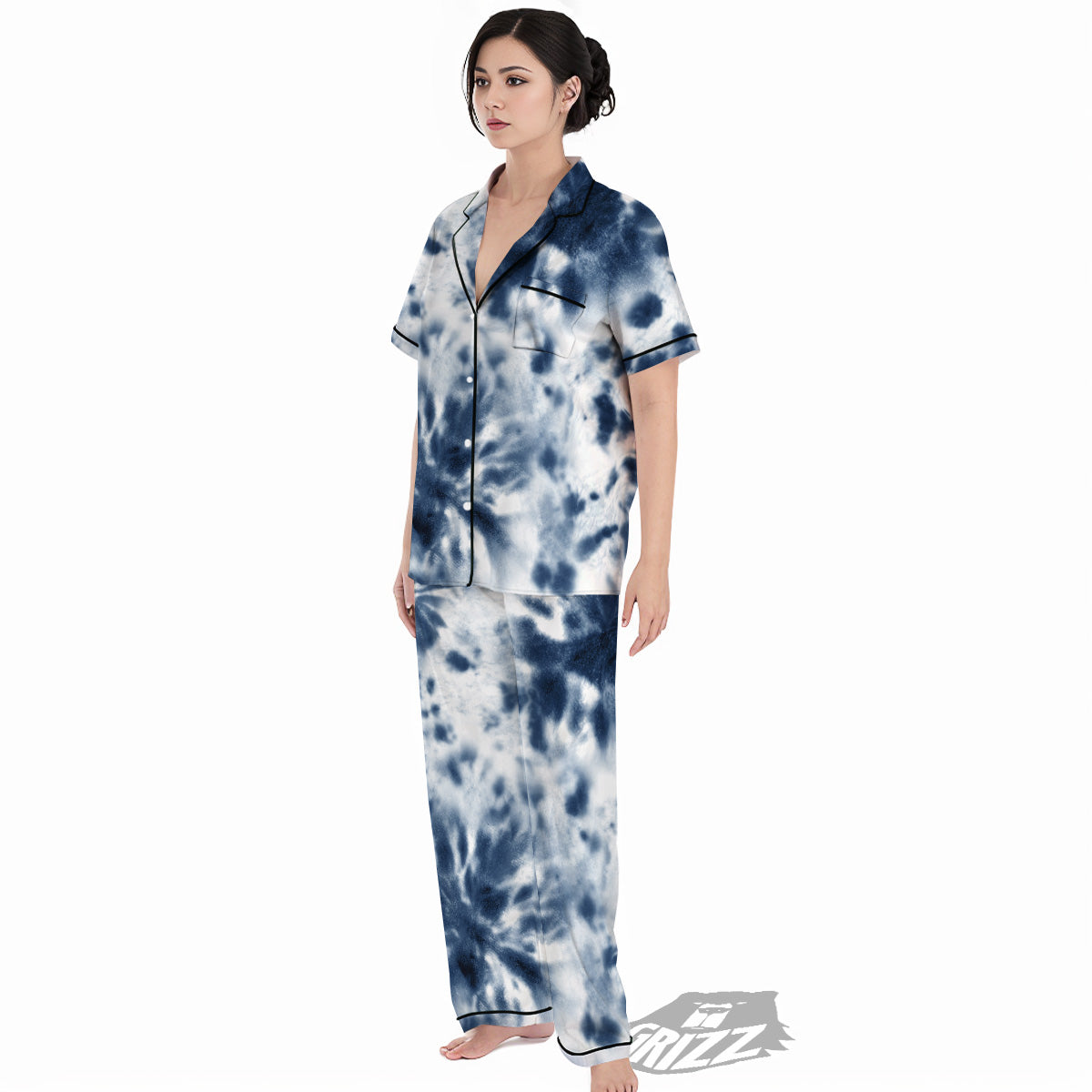 Tie Dye Blue Shibori Print Women's Pajamas Set-grizzshop