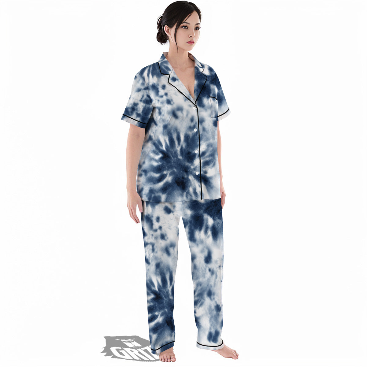 Tie Dye Blue Shibori Print Women's Pajamas Set-grizzshop