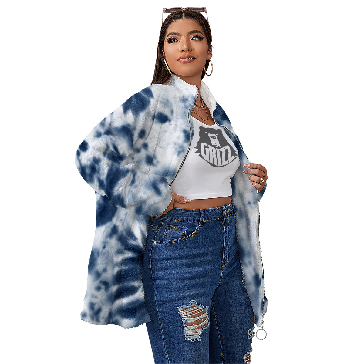 Tie Dye Blue Shibori Print Women's Sherpa Jacket-grizzshop