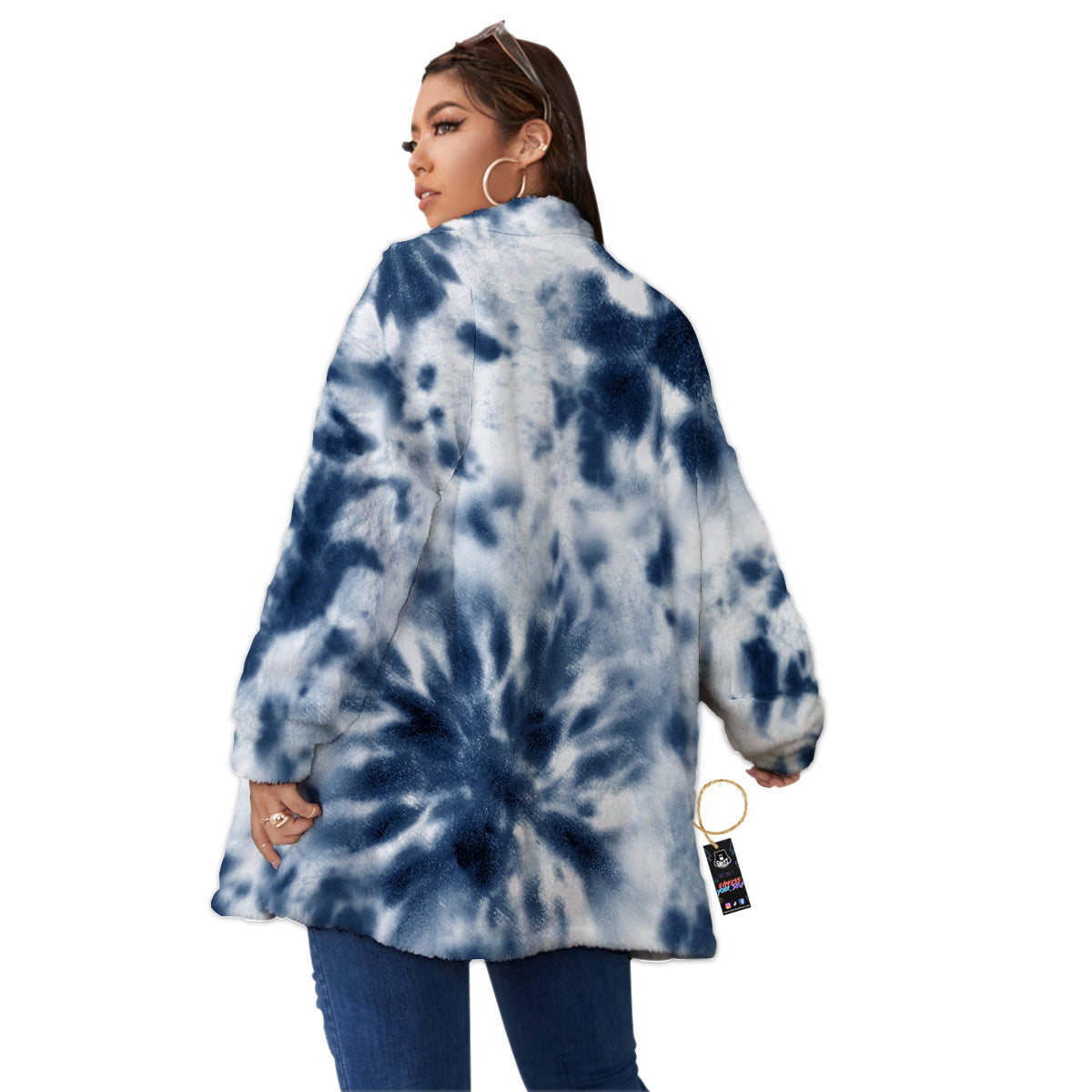 Tie Dye Blue Shibori Print Women's Sherpa Jacket-grizzshop