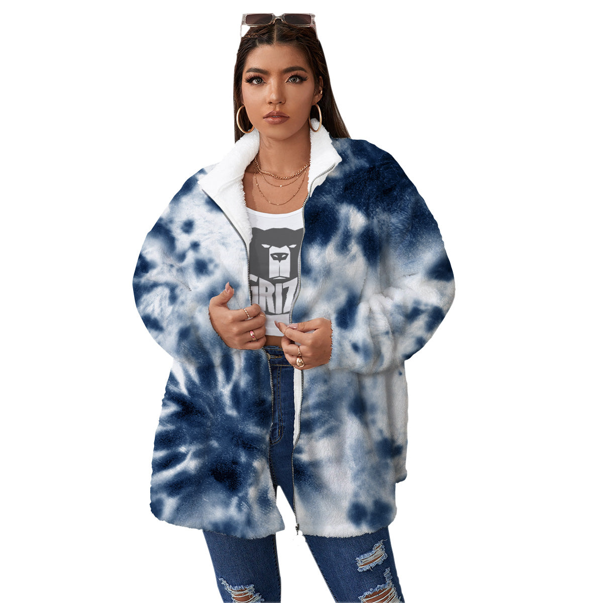 Tie Dye Blue Shibori Print Women's Sherpa Jacket-grizzshop