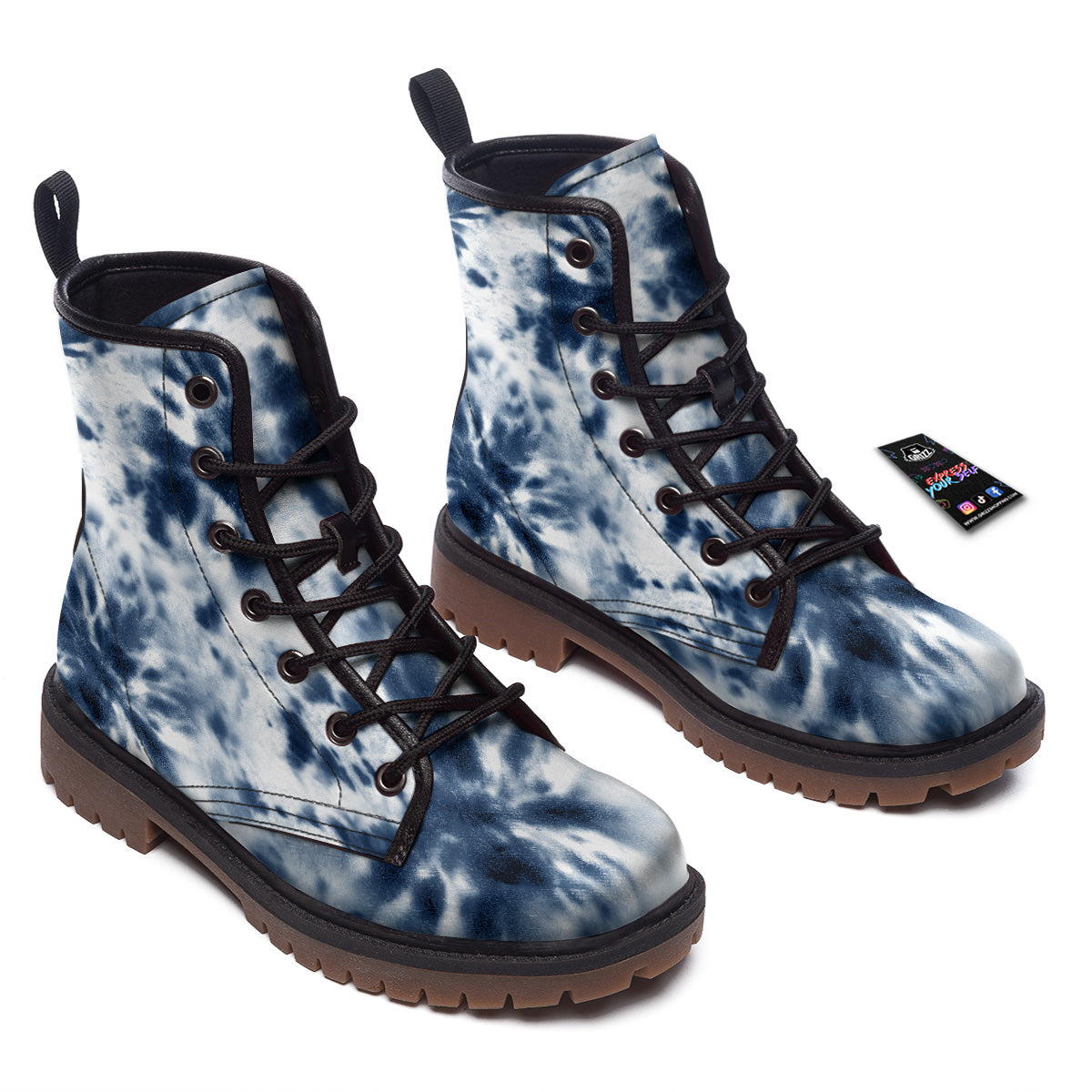 Tie Dye Blue Shibori Print Work Boots-grizzshop