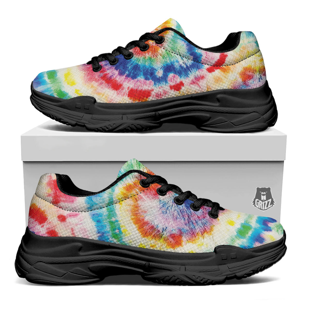 Tie Dye Bright Spiral Print Black Chunky Shoes-grizzshop