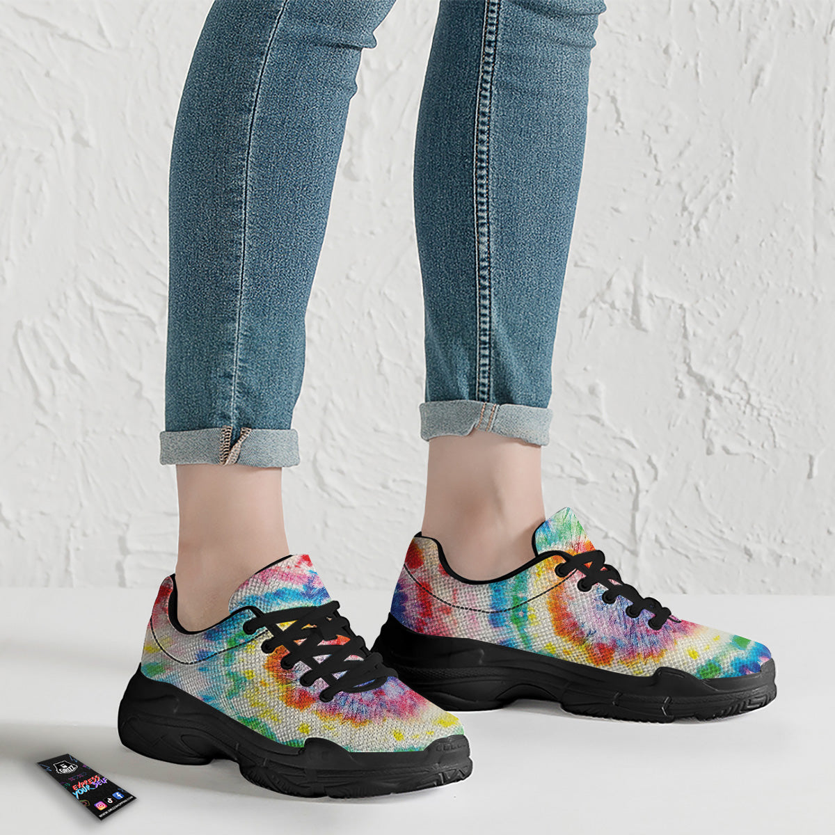 Tie Dye Bright Spiral Print Black Chunky Shoes-grizzshop