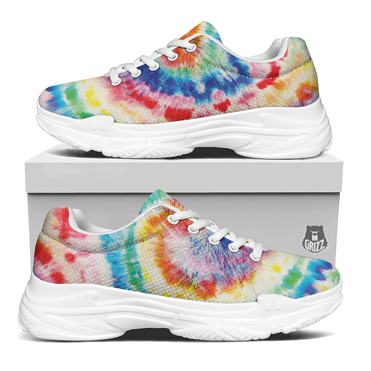 Tie Dye Bright Spiral Print White Chunky Shoes-grizzshop