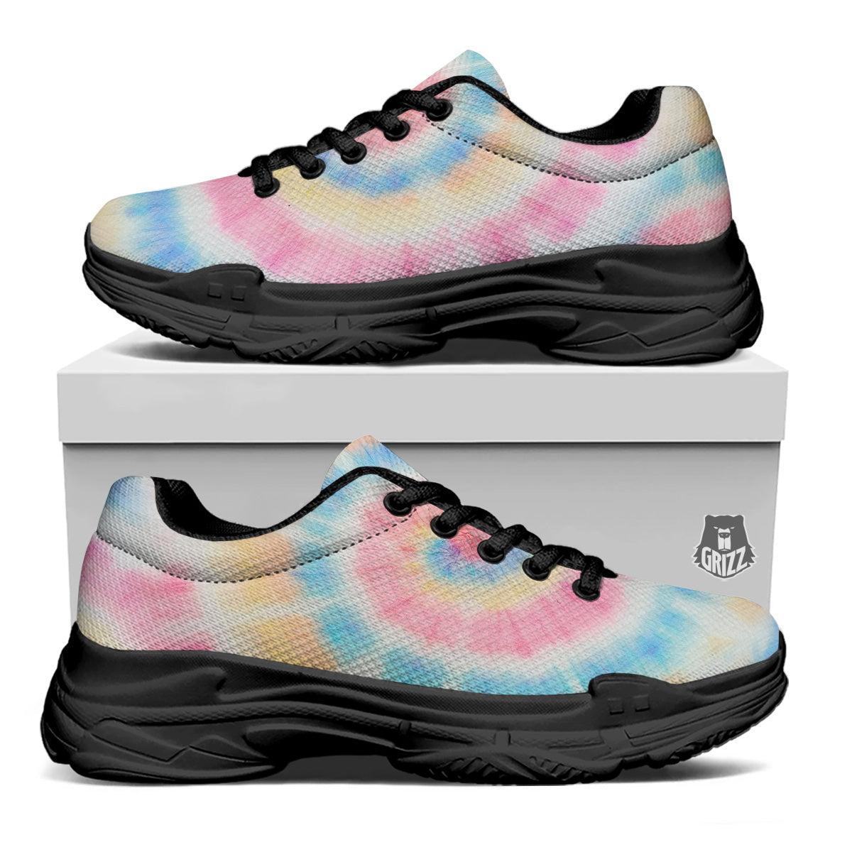 Tie Dye Bright Swirl Print Black Chunky Shoes-grizzshop