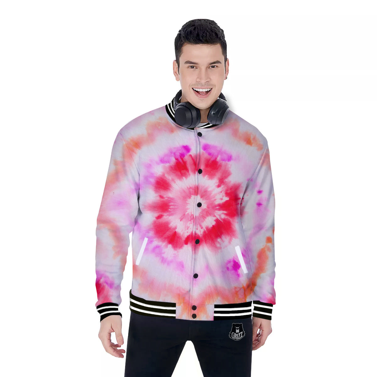 Tie Dye Circle Print Baseball Jacket-grizzshop