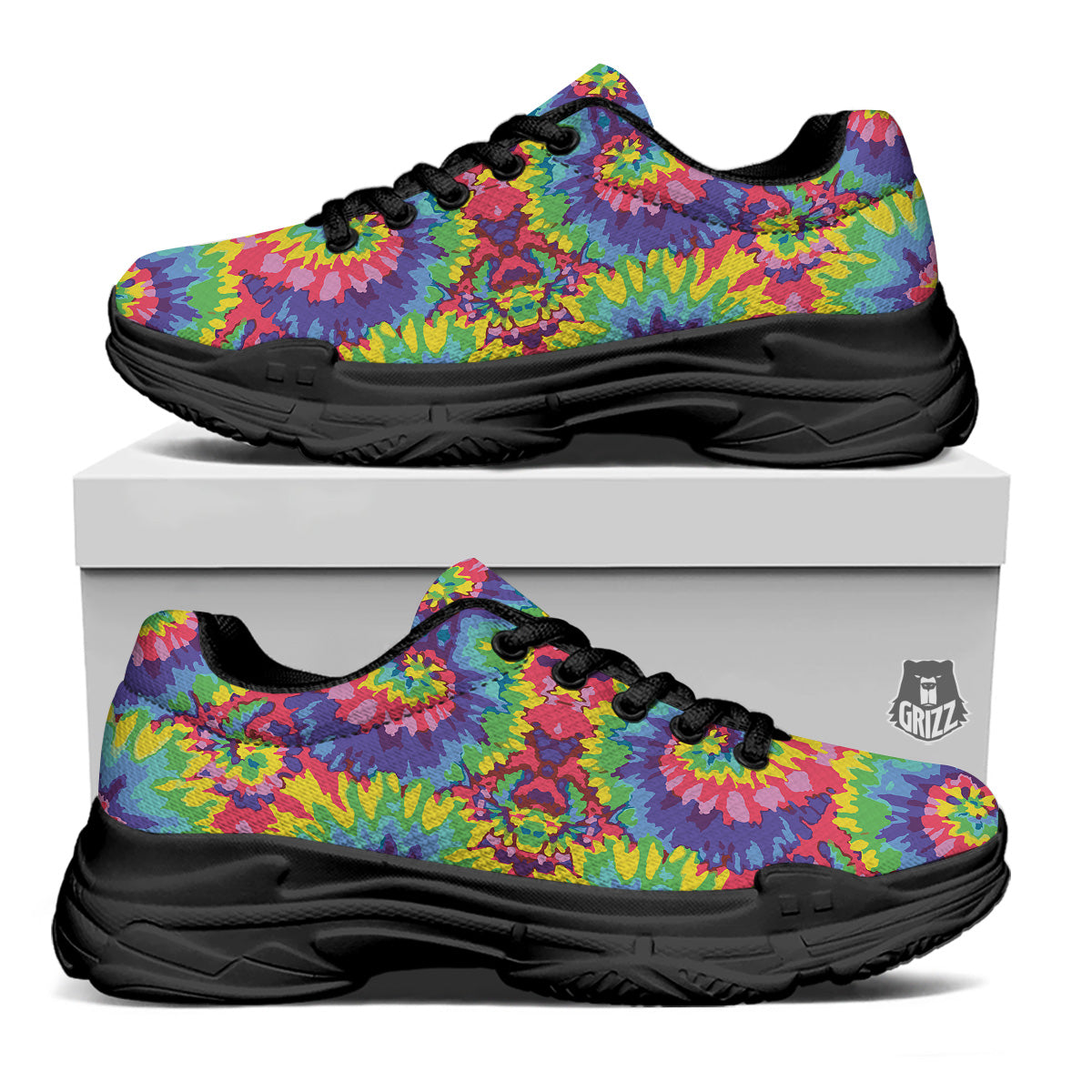 Tie Dye Colorful Abstract Print Pattern Black Chunky Shoes-grizzshop
