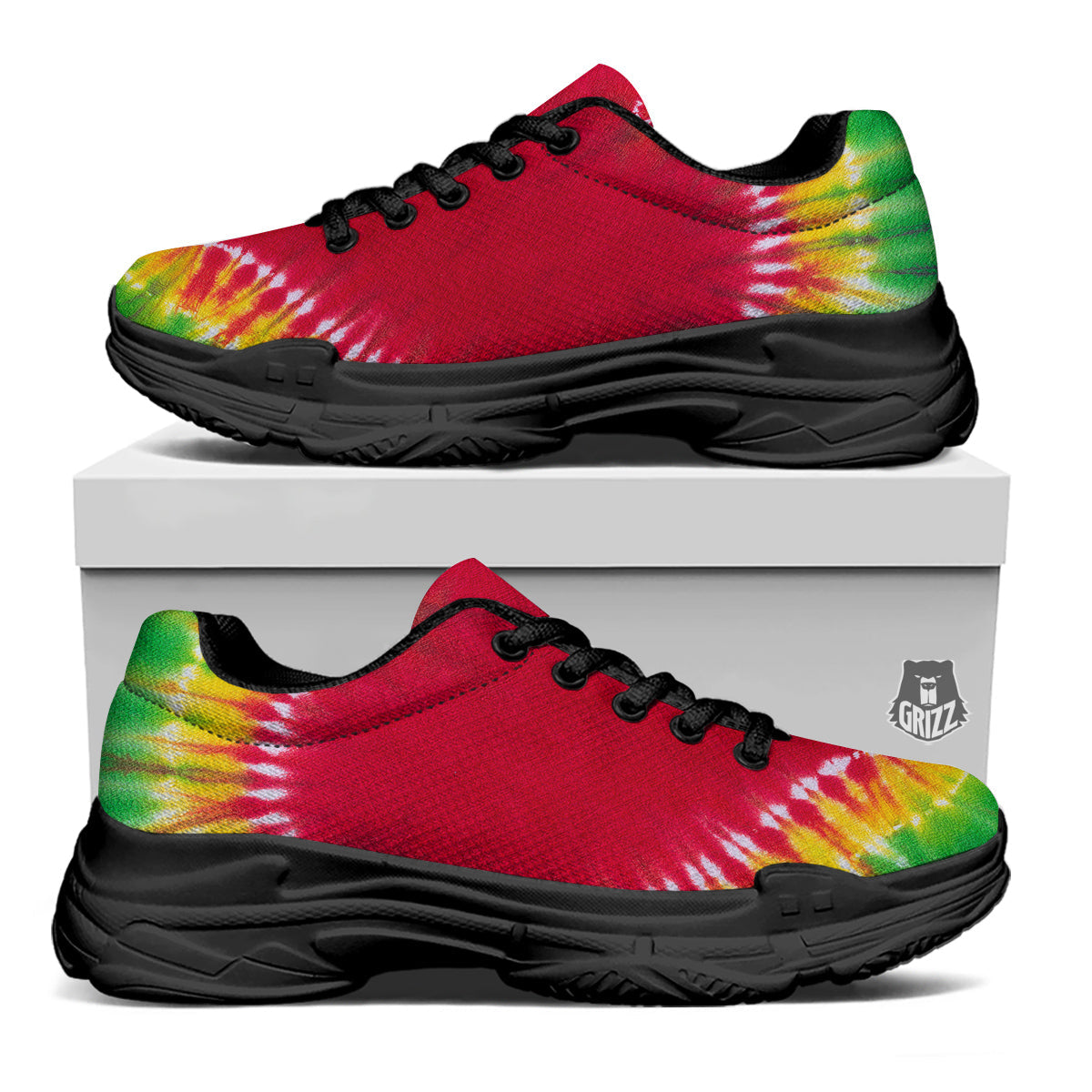 Tie Dye Colorful Heart Print Black Chunky Shoes-grizzshop