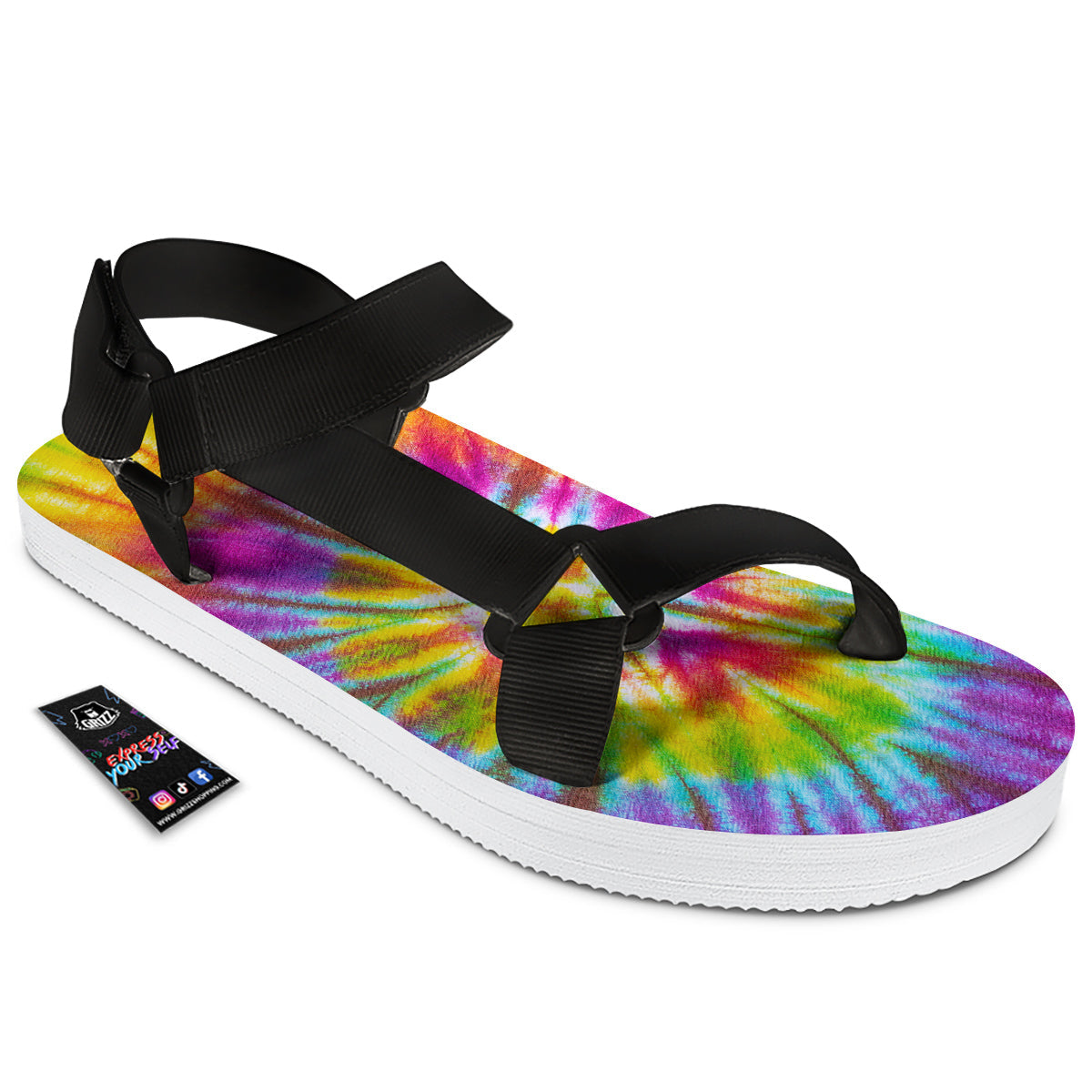 Tie Dye Colorful Hippie Print Black Open Toe Sandals-grizzshop