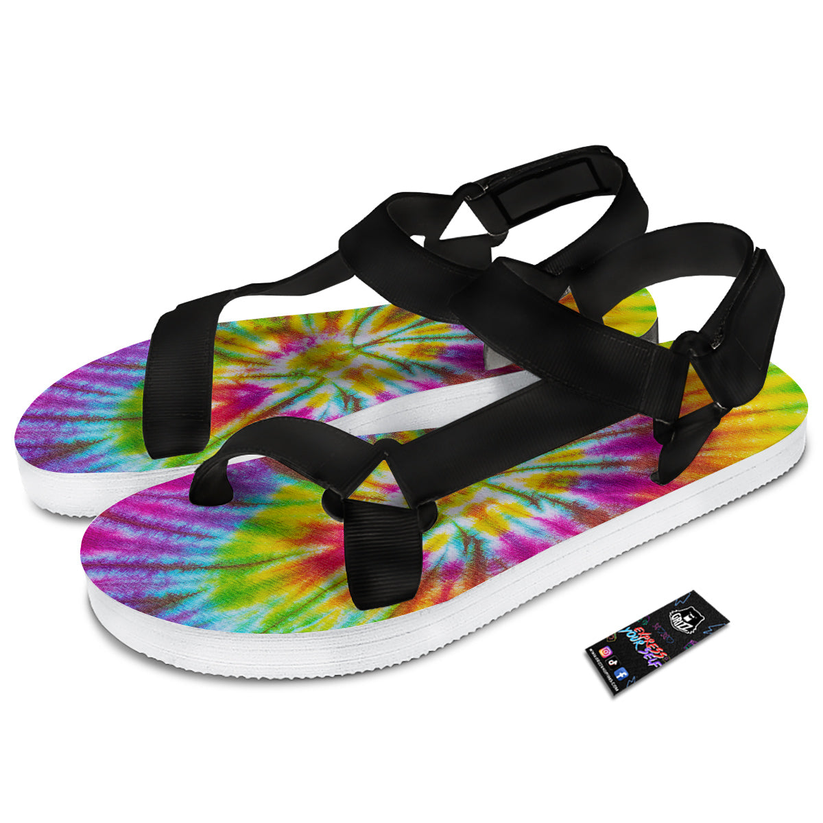 Tie Dye Colorful Hippie Print Black Open Toe Sandals-grizzshop