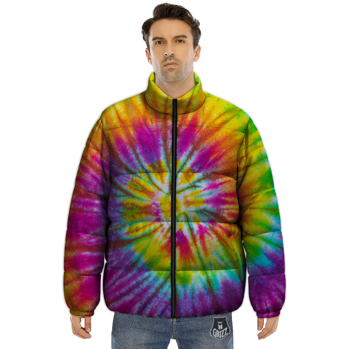 Tie Dye Colorful Hippie Print Puffer Jacket-grizzshop